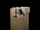 Photograph of bass wood cube model on base with shifted portions of the cube.