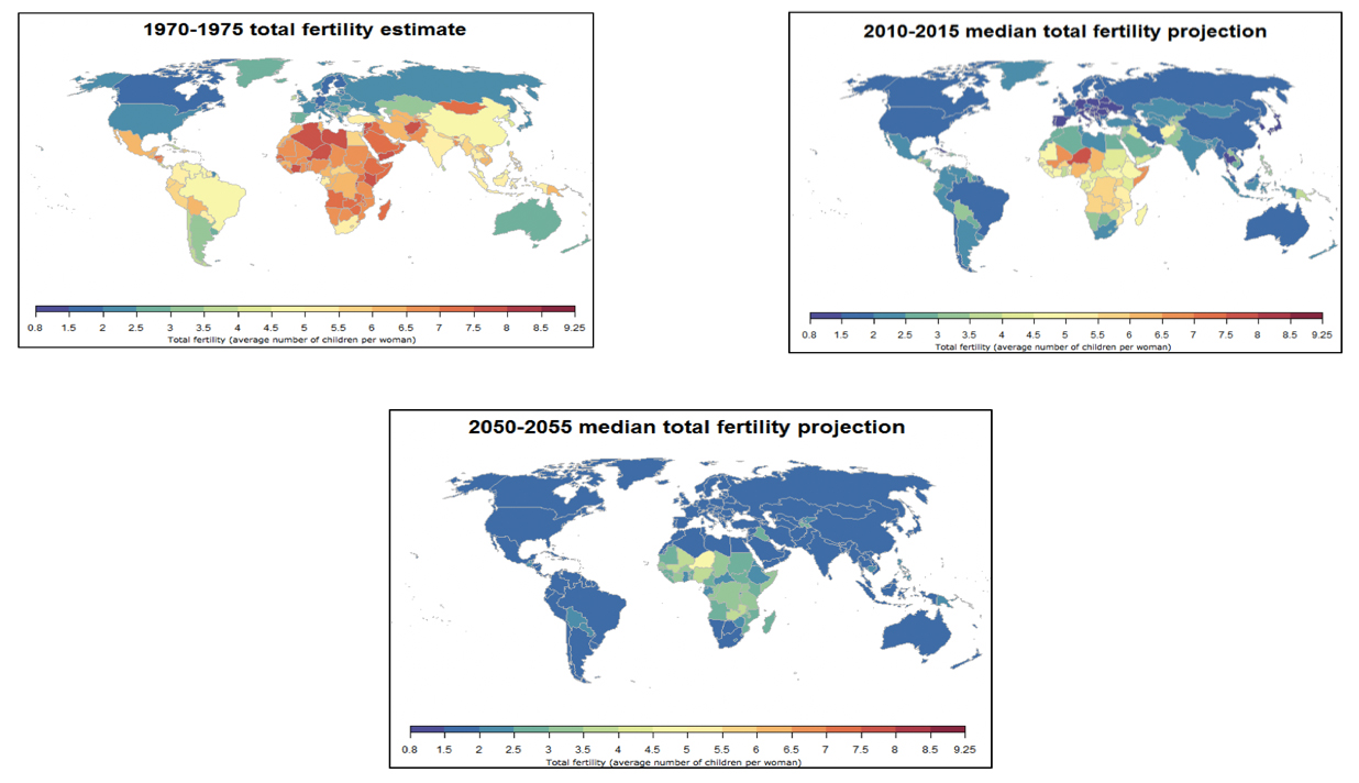 Three maps showing fertility rates over three time periods.