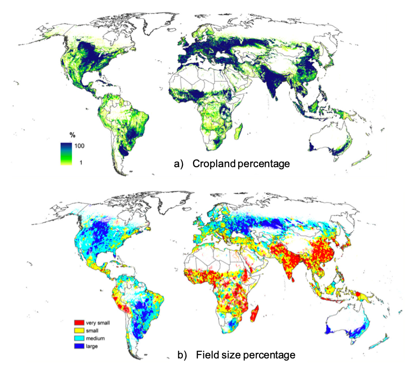 Two maps showing percentage of cropland and field size.