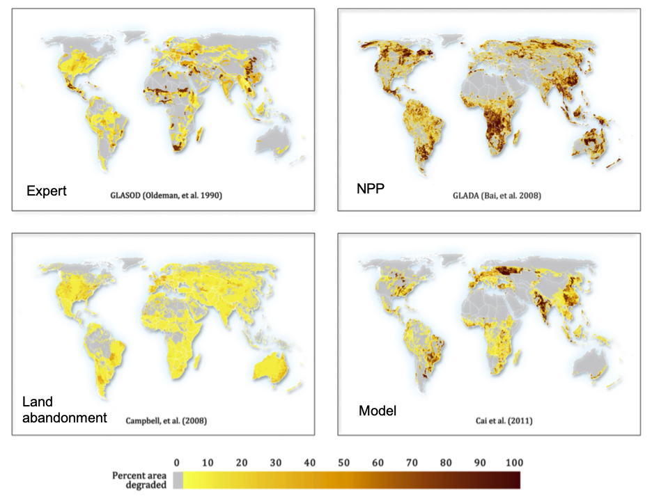 Four maps showing 4 different estimates of global soil degradation .