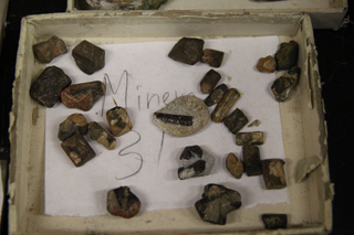 A box of small brown minerals.