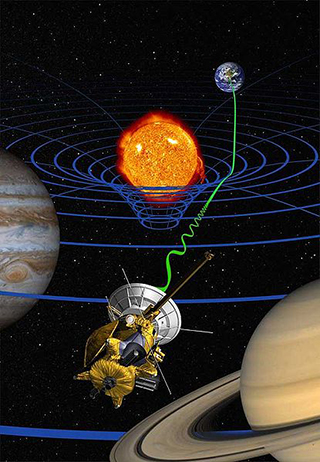 Sun, Earth, Jupiter, and Saturn surrounded by blue circles and lines, plus space probe and radio signals.