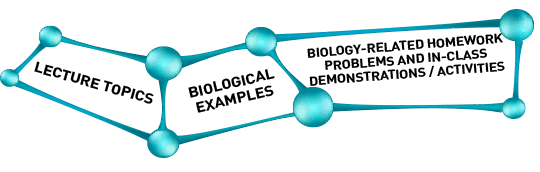 A graphic showing connected course materials labeled 'Lecture Topics', 'Biological Examples', and 'Biology-Related Homework Problems and In-Class Demonstrations/Activities.'