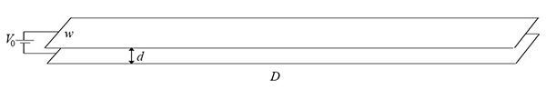 Sketch of two parallel planes with lines and labels show values for distance and voltage across the two planes equal to zero.